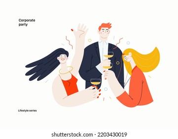 Lifestyle series - Corporate party - modern flat vector illustration of business people entertaining in the office at corporate, drinking champagne. People activities concept