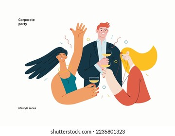 Lifestyle series - Corporate party - modern flat vector illustration of business people entertaining in the office at corporate, drinking champagne. People activities concept