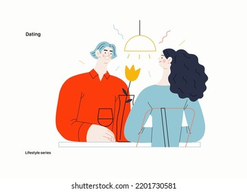 Lifestyle series - Dating - modern flat vector illustration of a woman and a man dating in the restaurant sitting at the table drinking wine, vase with a flower. People activities concept