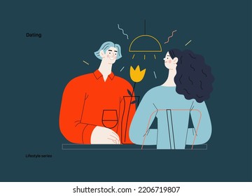 Lifestyle series - Dating - modern flat vector illustration of a woman and a man dating in the restaurant sitting at the table drinking wine, vase with a flower. People activities concept