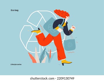 Lifestyle series - Eco bag - modern flat vector illustration of woman holding her eco bags and recycle sign, ecology metaphor. People activities concept