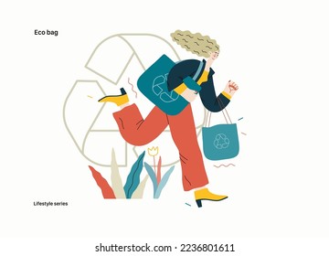 Lifestyle series - Eco bag - modern flat vector illustration of woman holding her eco bags and recycle sign, ecology metaphor. People activities concept