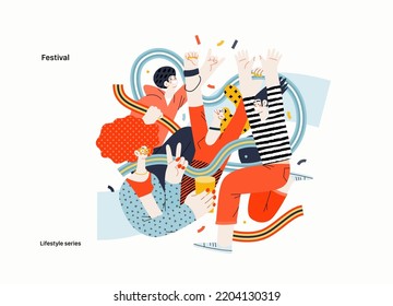 Lifestyle series - Festival - modern flat vector illustration of a man and a woman taking part in the rock musical festival. People activities concept