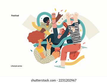 Lifestyle series - Festival - modern flat vector illustration of a man and a woman taking part in the rock musical festival. People activities concept