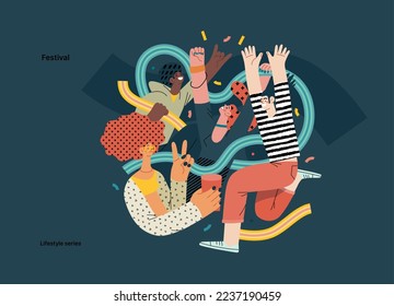 Lifestyle series - Festival - modern flat vector illustration of a man and a woman taking part in the rock musical festival. People activities concept