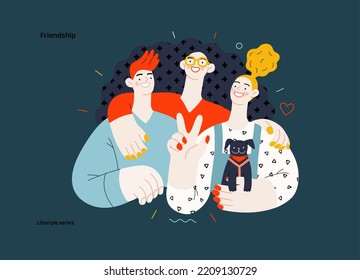 Lifestyle series - Friendship - modern flat vector illustration of a happy young man and women embracing and posing together. People activities concept
