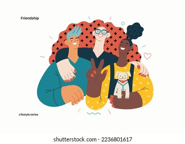 Lifestyle series - Friendship - modern flat vector illustration of a happy young man and women embracing and posing together. People activities concept