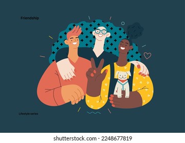 Lifestyle series - Friendship - modern flat vector illustration of a happy young man and women embracing and posing together. People activities concept
