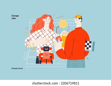 Lifestyle Series -Garage Sale -modern Flat Vector Illustration Of A Woman Selling House Stuff At The Table Filled With House Utilities And Toys, And Man Buying A Chess Board. People Activities Concept