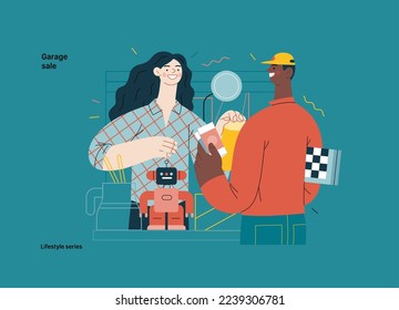 Lifestyle series -Garage sale -modern flat vector illustration of a woman selling house stuff at the table filled with house utilities and toys, and man buying a chess board. People activities concept
