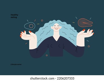 Lifestyle series - Healthy eating - modern flat vector illustration of a woman practicing healthy balanced diet holding salmon and avocado. People activities concept