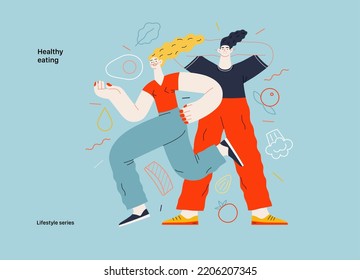 Lifestyle series - Healthy eating - modern flat vector illustration of a woman and a man practicing healthy balanced diet. People activities concept