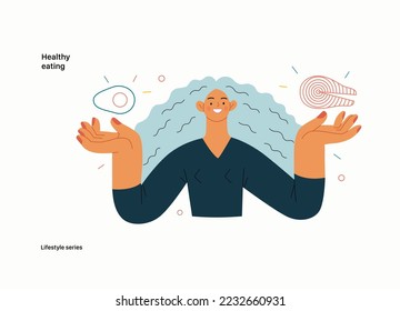 Lifestyle series - Healthy eating - modern flat vector illustration of a woman practicing healthy balanced diet holding salmon and avocado. People activities concept