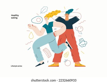 Lifestyle series - Healthy eating - modern flat vector illustration of a woman and a man practicing healthy balanced diet. People activities concept