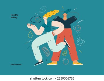 Lifestyle series - Healthy eating - modern flat vector illustration of a woman and a man practicing healthy balanced diet. People activities concept