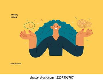 Lifestyle series - Healthy eating - modern flat vector illustration of a woman practicing healthy balanced diet holding salmon and avocado. People activities concept