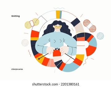 Lifestyle series - Knitting - modern flat vector illustration of a woman wearing glasses knitting a long striped scarf with knitting needles. People activities concept