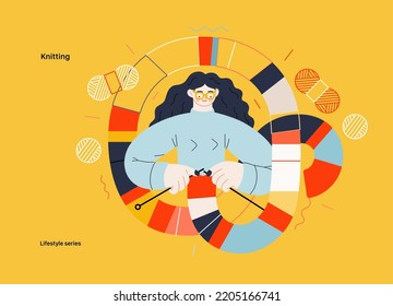Lifestyle series - Knitting - modern flat vector illustration of a woman wearing glasses knitting a long striped scarf with knitting needles. People activities concept