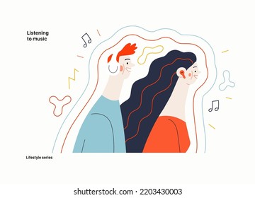 Lifestyle series - Listening to music - modern flat vector illustration of a man and a woman with buds and headphones listening to music surrounded by waves. People activities concept