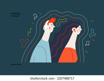 Lifestyle series - Listening to music - modern flat vector illustration of a man and a woman with buds and headphones listaening to music surrounded by waves. People activities concept