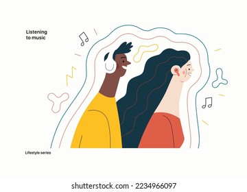 Lifestyle series - Listening to music - modern flat vector illustration of a man and a woman with buds and headphones listaening to music surrounded by waves. People activities concept