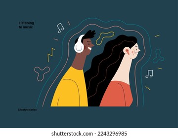 Lifestyle series - Listening to music - modern flat vector illustration of a man and a woman with buds and headphones listaening to music surrounded by waves. People activities concept