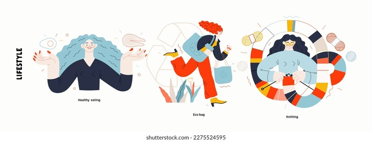 Lifestyle series - modern flat vector illustration of Healthy eating, eco bag, Knitting. People activities methapors and hobbies concept