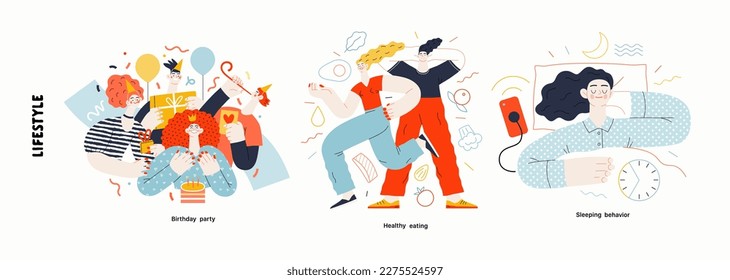 Lifestyle series - modern flat vector illustration of Birthday party, Healthy eating, Sleeping behaviour. People activities and behaviour methapors and hobbies concept