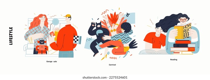 Lifestyle series - modern flat vector illustration of Garage sale, Carnival, Reading books. People activities methapors and hobbies concept