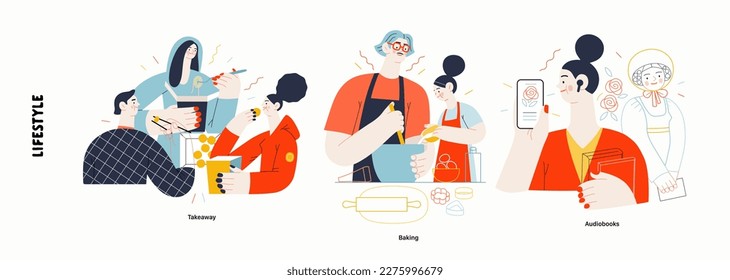 Lifestyle series - modern flat vector illustration of Takeaway and food delivery, Cooking learing, Audiobooks listening. People activities methapors and hobbies concept