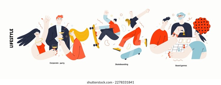 Lifestyle series - modern flat vector illustration of Corporate party, Skating, Board games with friends. People activities methapors and hobbies concept