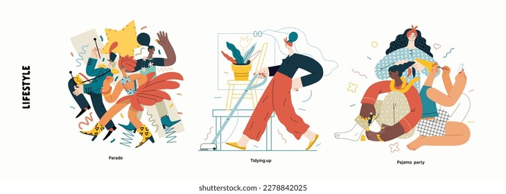 Serie de estilo de vida - moderna ilustración vectorial plana de Tidying up, limpieza, desfile, fiesta de Pajama. Actividades de las personas y el concepto de métodos de comportamiento y aficiones