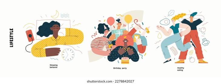 Lifestyle series - modern flat vector illustration of Birthday party, Healthy eating, Sleeping behaviour. People activities and behaviour methapors and hobbies concept