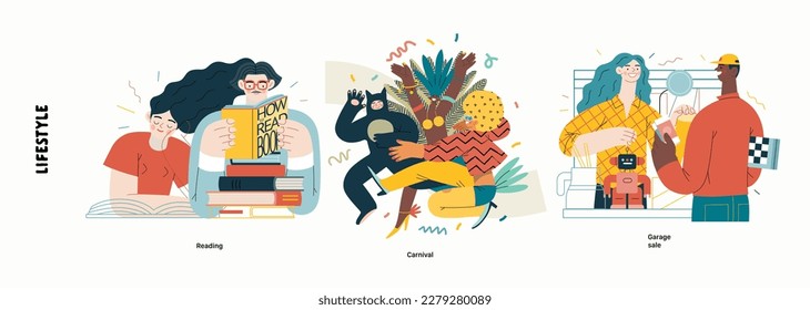 Lifestyle series - modern flat vector illustration of Garage sale, Carnival, Reading books. People activities methapors and hobbies concept