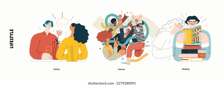 Lifestyle series - modern flat vector illustration of Dating, Musical festival, Reading books. People activities methapors and hobbies concept