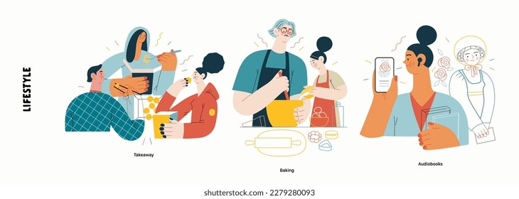 Lifestyle series - modern flat vector illustration of Takeaway and food delivery, Cooking learing, Audiobooks listening. People activities methapors and hobbies concept
