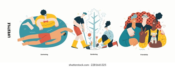 Lifestyle series - modern flat vector illustration of Friendship, Gardening - planting a tree, Swimming. People activities methapors and hobbies concept