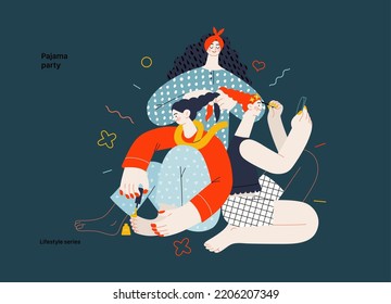 Lifestyle series - Pajama party - modern flat vector illustration of female friends wearing pajamas amusing themselves together, wearing makeup, doing hair, painting toenails People activities concept
