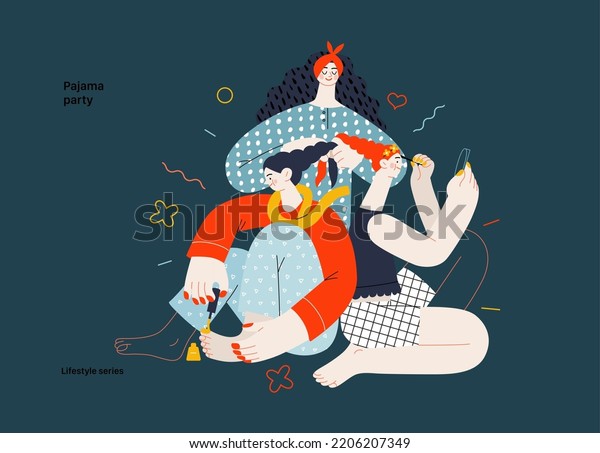 Lifestyle series - Pajama party - modern flat\
vector illustration of female friends wearing pajamas amusing\
themselves together, wearing makeup, doing hair, painting toenails\
People activities\
concept