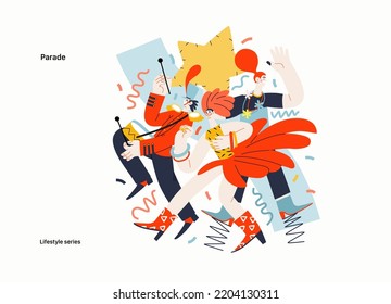 Lifestyle series - Parade - modern flat vector illustration of people marching together, taking part in parade or rally. Male and female protesters or activists. People activities concept