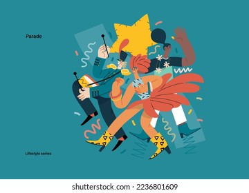 Lifestyle series - Parade - modern flat vector illustration of people marching together, taking part in parade or rally. Male and female protesters or activists. People activities concept