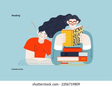 Lifestyle series - Reading - modern flat vector illustration of a man and a woman reading the books. People activities concept