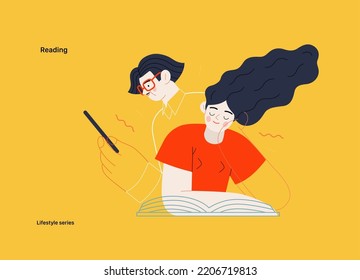Lifestyle series - Reading - modern flat vector illustration of a man and a woman reading the books. People activities concept