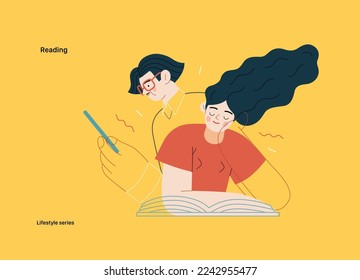 Lifestyle series - Reading - modern flat vector illustration of a man and a woman reading the books. People activities concept