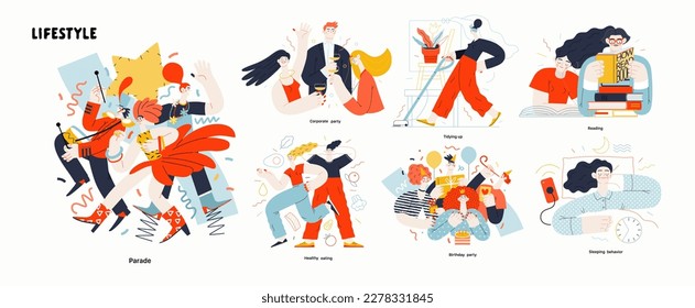 Lifestyle series set - modern flat vector illustrations of people living their lives and engaging in a hobby. People society activities methapors and hobbies concept