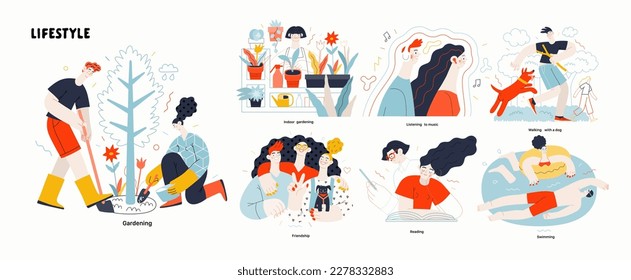 Lifestyle series set - modern flat vector illustrations of people living their lives and engaging in a hobby. People society activities methapors and hobbies concept