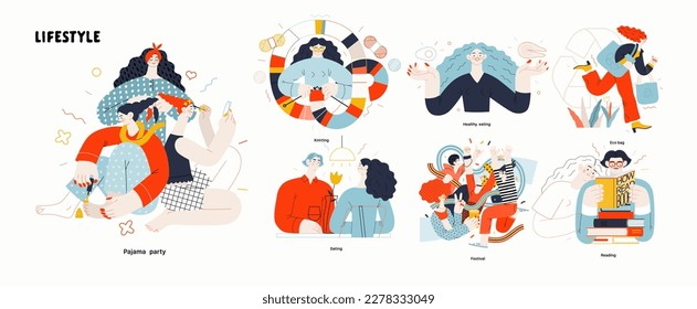 Lifestyle series set - modern flat vector illustrations of people living their lives and engaging in a hobby. People society activities methapors and hobbies concept