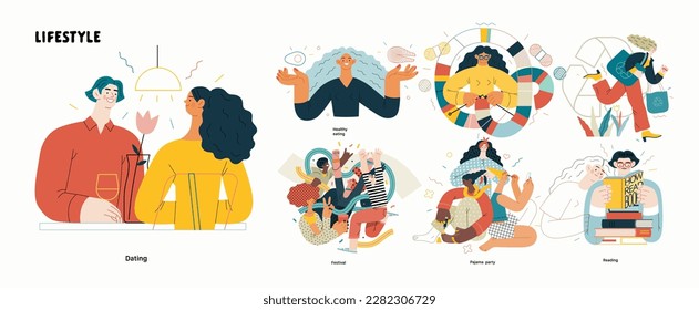 Lifestyle series set - modern flat vector illustrations of people living their lives and engaging in a hobby. People society activities methapors and hobbies concept