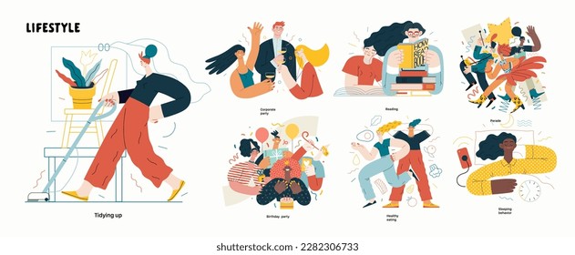 Lifestyle series set - modern flat vector illustrations of people living their lives and engaging in a hobby. People society activities methapors and hobbies concept