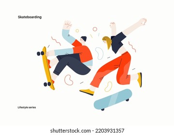 Lifestyle series - Skateboarding - modern flat vector illustration of a young male and female skaters jumping in the air with their skateboards.. People activities concept